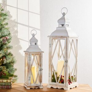 Glitzhome Farmhouse Wood Metal Lanterns Decorative Hanging Candle Lanterns White Set of 2 (No Glass)