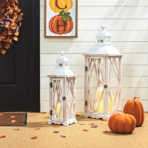 Glitzhome Farmhouse Wood Metal Lanterns Decorative Hanging Candle Lanterns White Set of 2 (No Glass)