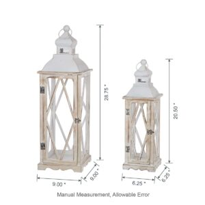 Glitzhome Farmhouse Wood Metal Lanterns Decorative Hanging Candle Lanterns White Set of 2 (No Glass)