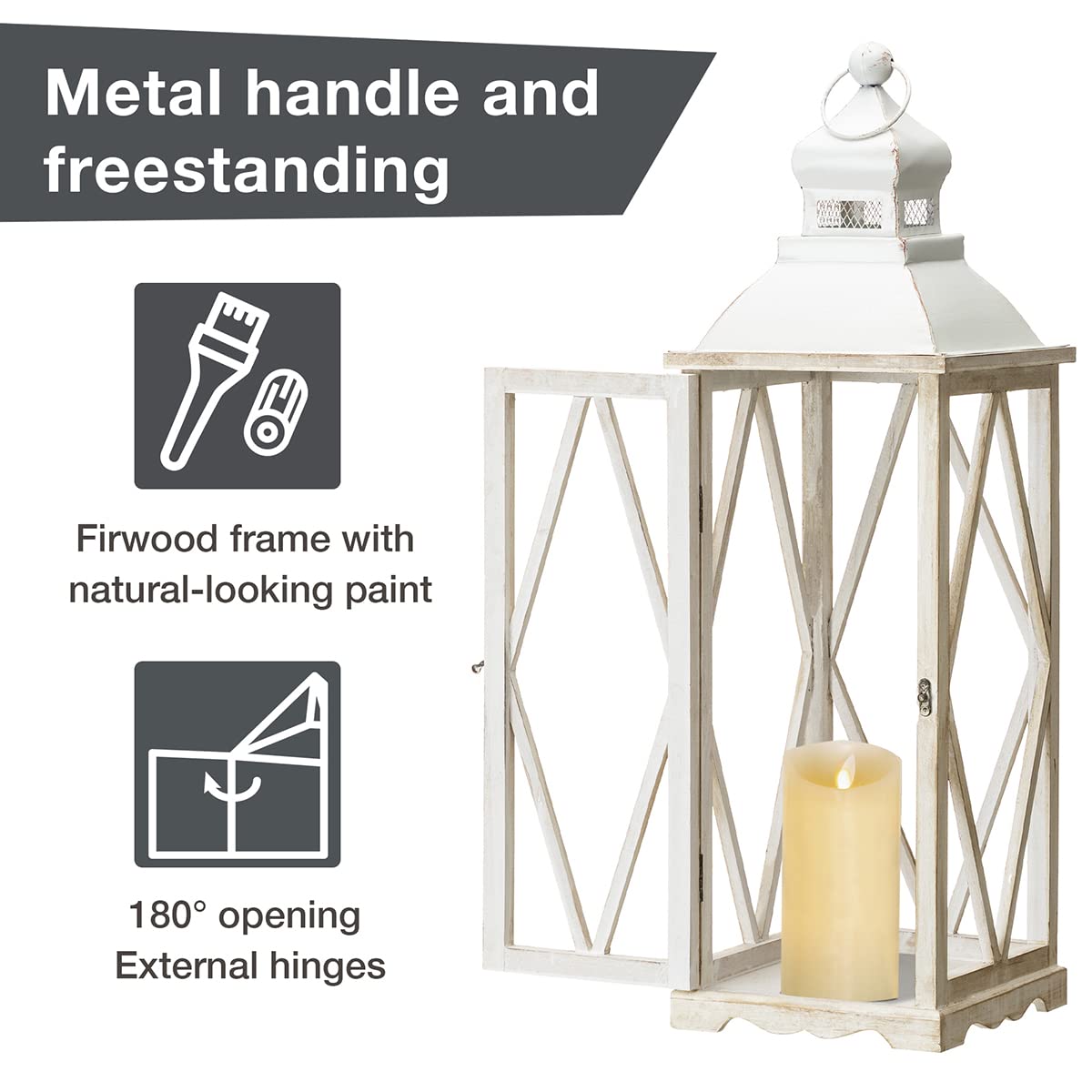 Glitzhome Farmhouse Wood Metal Lanterns Decorative Hanging Candle Lanterns White Set of 2 (No Glass)