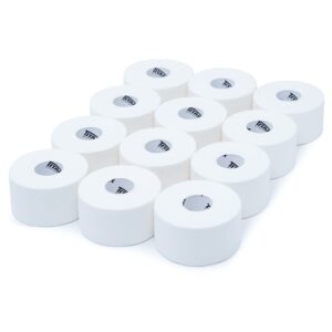 titan athletics - 12 pack of premium quality white athletic tape/sports tape - 1.5 inch x 45 feet per roll - 100 percent cotton with zinc oxide - easy tear zig zag design and no sticky residue