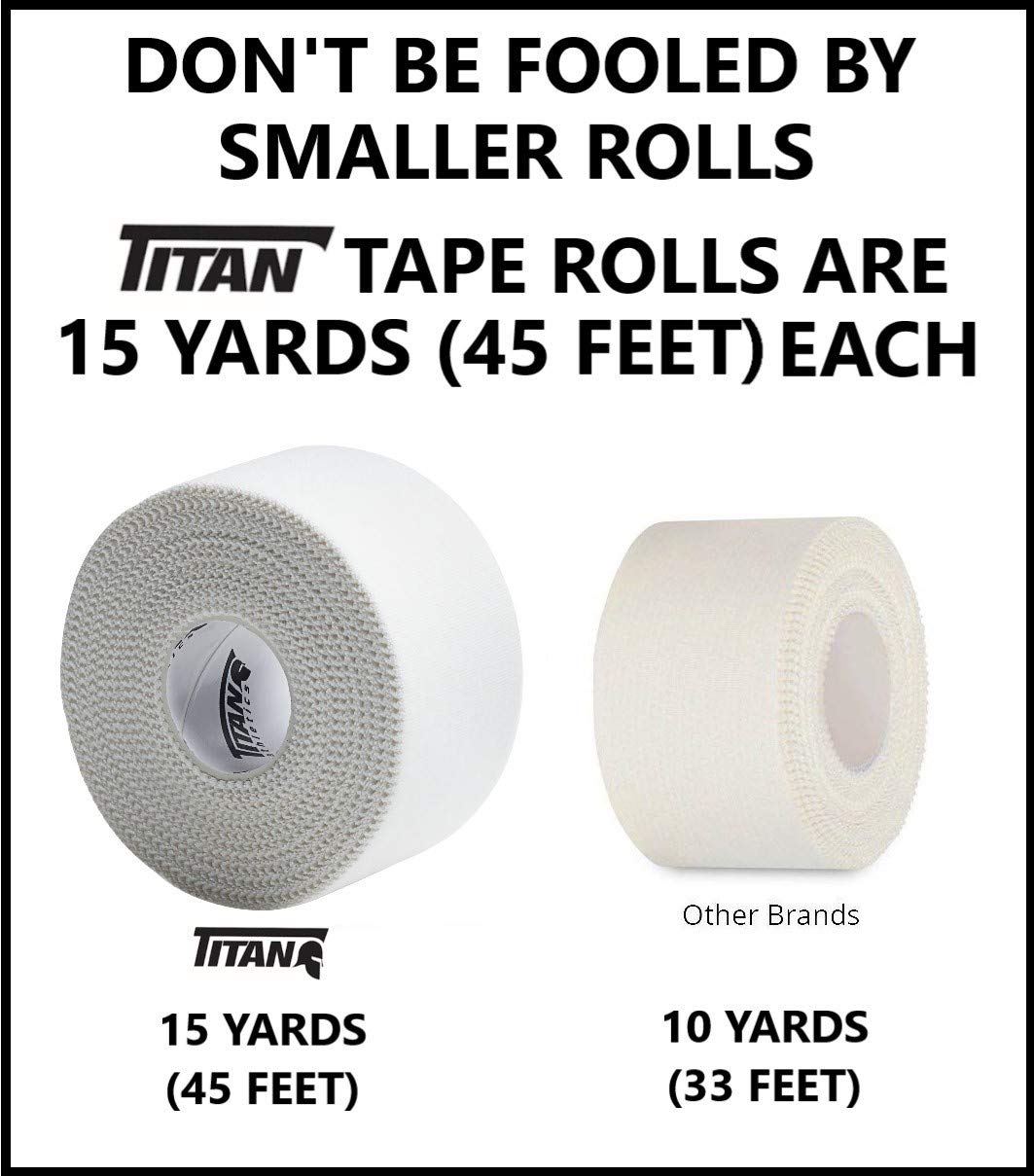 Titan Athletics - 12 Pack of Premium Quality White Athletic Tape/Sports Tape - 1.5 Inch x 45 Feet Per Roll - 100 Percent Cotton with Zinc Oxide - Easy Tear Zig Zag Design and No Sticky Residue