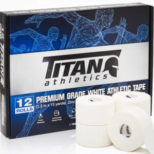 Titan Athletics - 12 Pack of Premium Quality White Athletic Tape/Sports Tape - 1.5 Inch x 45 Feet Per Roll - 100 Percent Cotton with Zinc Oxide - Easy Tear Zig Zag Design and No Sticky Residue