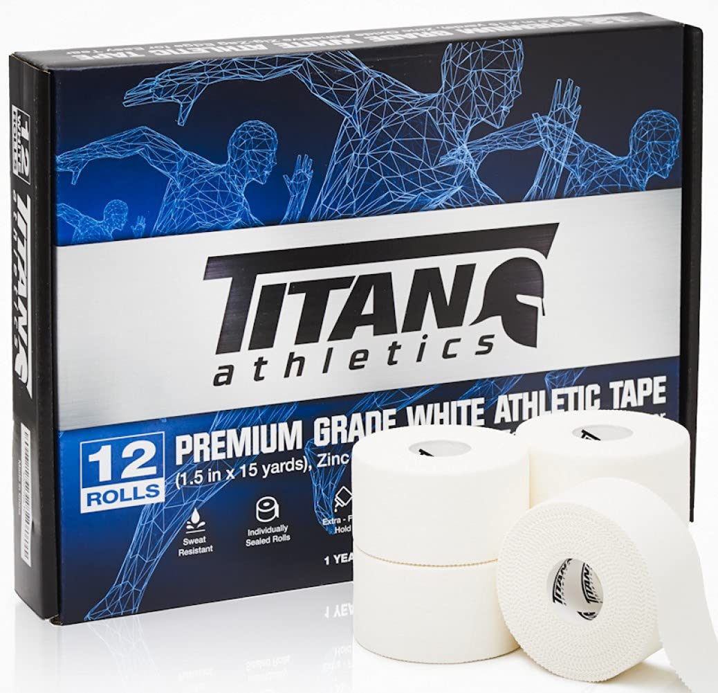 Titan Athletics - 12 Pack of Premium Quality White Athletic Tape/Sports Tape - 1.5 Inch x 45 Feet Per Roll - 100 Percent Cotton with Zinc Oxide - Easy Tear Zig Zag Design and No Sticky Residue