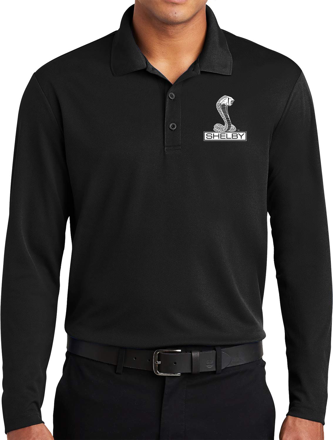 Ford Mustang Shelby Crest Pocket Print Long Sleeve Polo, Black XL