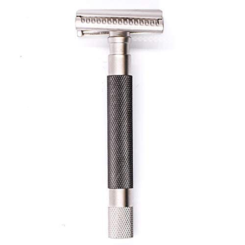 Parker THE SEMI SLANT, Double Edge Safety Razor and 5 Parker Blade Refills - Electroplated Graphite Gray Solid Brass Handle - Delivers a Barbershop Shave at Home