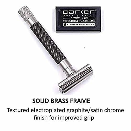 Parker THE SEMI SLANT, Double Edge Safety Razor and 5 Parker Blade Refills - Electroplated Graphite Gray Solid Brass Handle - Delivers a Barbershop Shave at Home