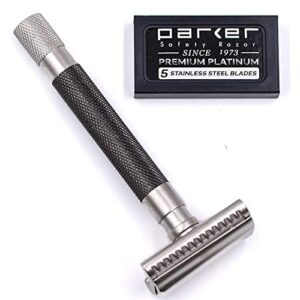 Parker THE SEMI SLANT, Double Edge Safety Razor and 5 Parker Blade Refills - Electroplated Graphite Gray Solid Brass Handle - Delivers a Barbershop Shave at Home