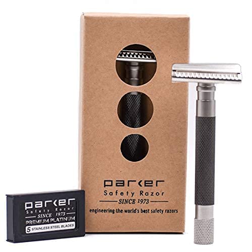 Parker THE SEMI SLANT, Double Edge Safety Razor and 5 Parker Blade Refills - Electroplated Graphite Gray Solid Brass Handle - Delivers a Barbershop Shave at Home