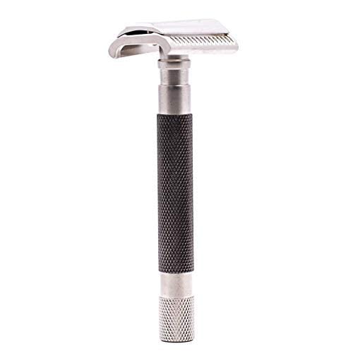 Parker THE SEMI SLANT, Double Edge Safety Razor and 5 Parker Blade Refills - Electroplated Graphite Gray Solid Brass Handle - Delivers a Barbershop Shave at Home