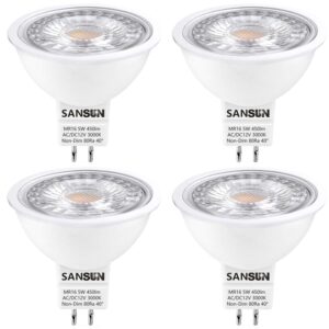 SANSUN 5W MR16 LED Landscape Light Bulbs, Low Voltage 12V 50W Halogen Replacement for Outdoor Landscape Spotlight and Indoor Track Light, GU5.3 Bi-Pin Base, Soft White 3000K, Non-Dimmable, (Pack of 4)