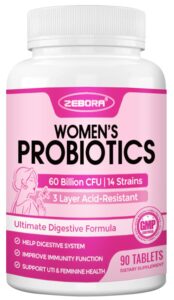 zebora probiotics for women digestive health, prebiotics and probiotics with 60 billion for urinary tract and vaginal health, immune support and gut health, gluten & soy free, 90 tablets