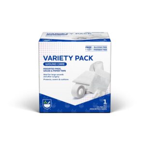 rite aid first aid gauze pads, variety pack - includes 25 assorted gauze pads & tape | sterile gauze pads | first aid kit | wound care supplies