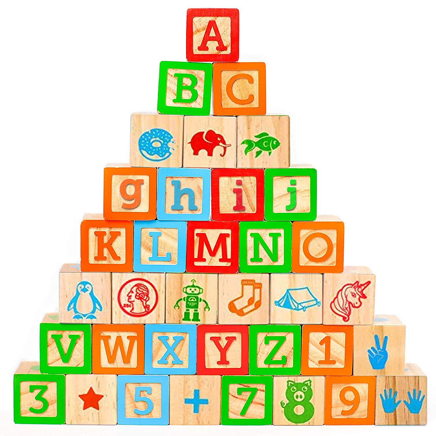 Oaktown Supply Wooden Blocks, 36 Large Stacking and Building Blocks for Toddlers 1-3 Years Old, Colorful Alphabet & Number Icons on Every Side, Educational Toddler Toys