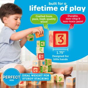 Oaktown Supply Wooden Blocks, 36 Large Stacking and Building Blocks for Toddlers 1-3 Years Old, Colorful Alphabet & Number Icons on Every Side, Educational Toddler Toys