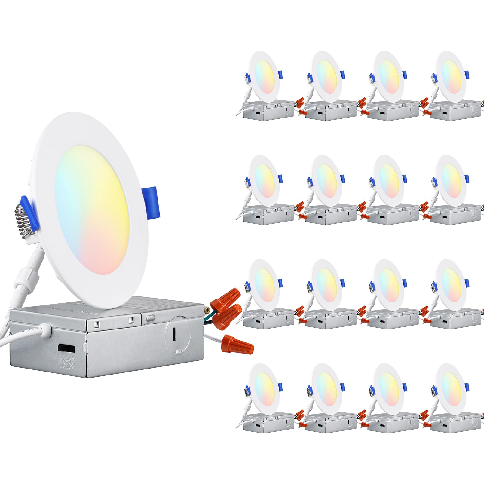 TORCHSTAR 16-Pack Ultra-Thin LED Recessed Lighting 4 Inch 5CCT with Junction Box, Aluminum, 2700K-5000K Selectable, 10W Dimmable Slim LED Downlight, 700LM High Brightness, ETL & Energy Star