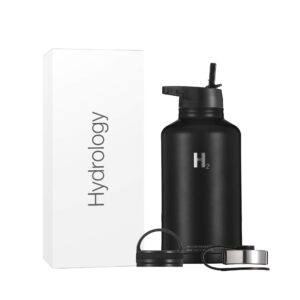 h2 hydrology water bottle - 18 oz, 22 oz, 32 oz, 40 oz, or 64 oz with 3 lids double wall vacuum insulated stainless steel wide mouth sports hot & cold thermos (64 oz, black)