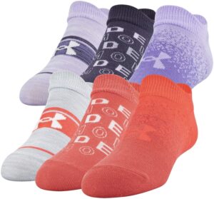 under armour essential no show socks, 6-pair, white daiquiri red assorted, shoe size: youth 13.5k-4y