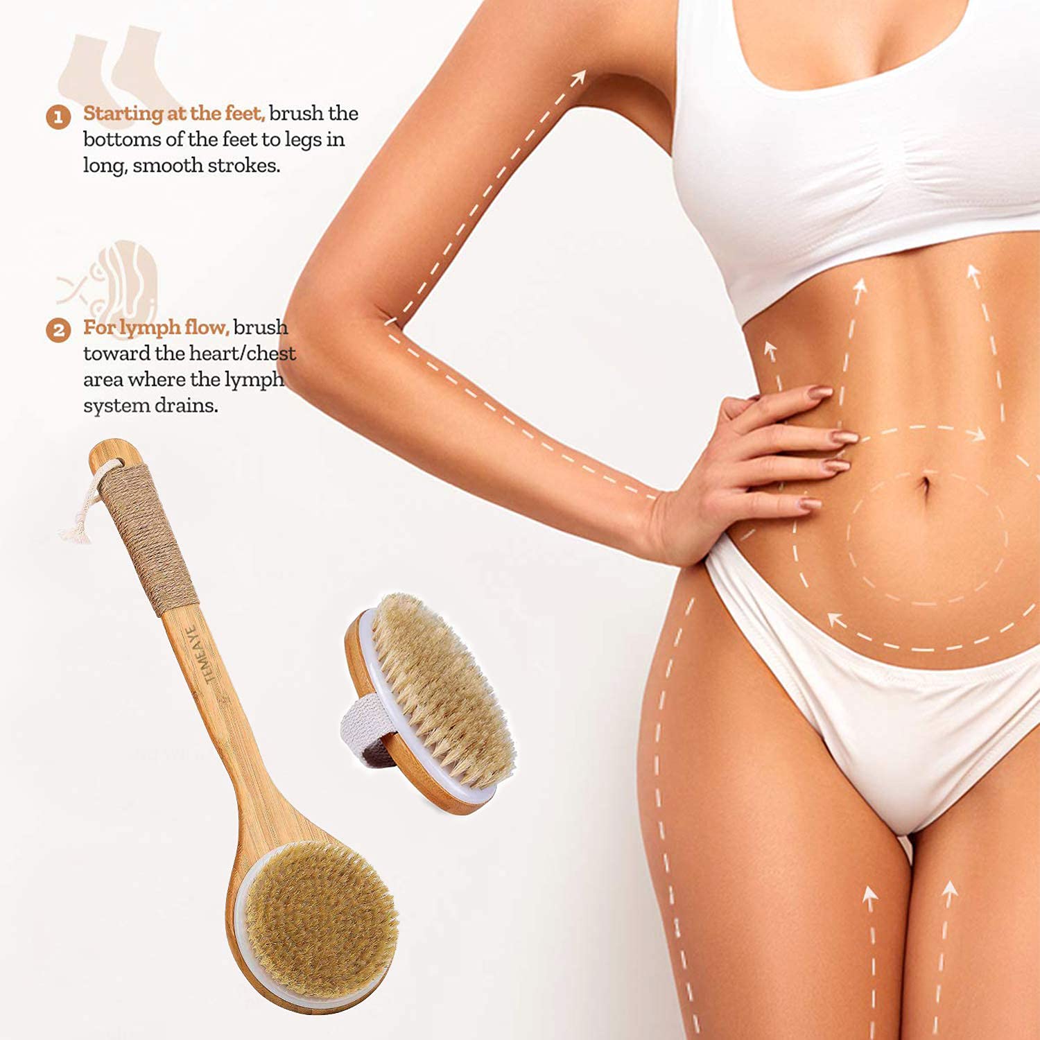 TEMEAYE Dry Brushing Body Brush Sets Wooden Handle Combined with Medium Strength Natural Bristles Gentle Exfoliator Remove Cellulite Lymphatic Drainage Makes The Skin of The Entire Body Softer