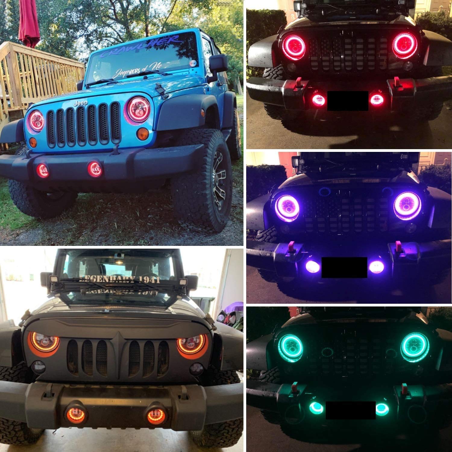 YEEGO DIRECT 7 Inch LED Headlight RGB Halo For Jeep Wrangler Headlights & 4 Inch RGB Fog Lights, DOT Approved, Bluetooth APP Control Custom Colors, Compatible with Wrangler 1997-2018 JKU JK TJ LJ