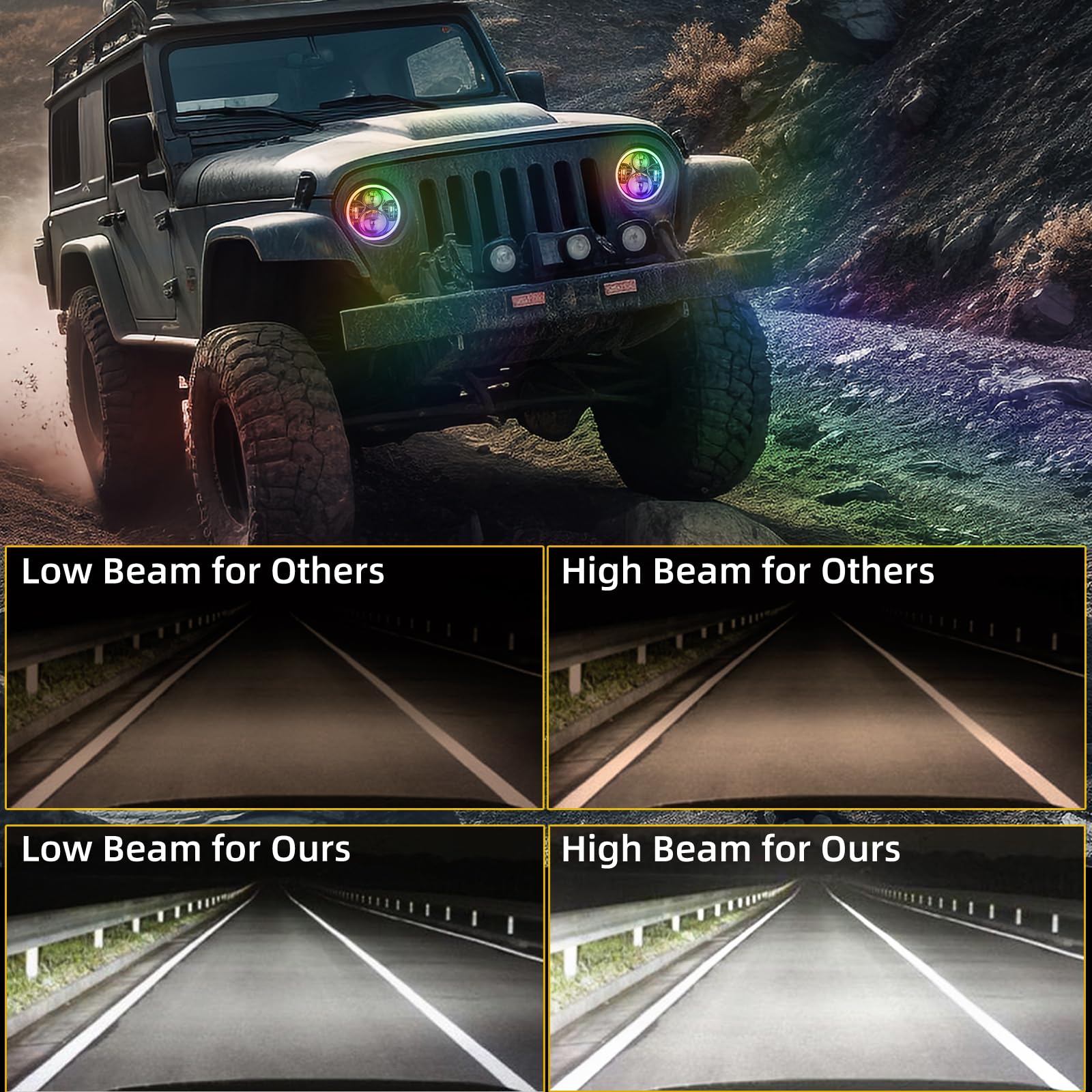 YEEGO DIRECT 7 Inch LED Headlight RGB Halo For Jeep Wrangler Headlights & 4 Inch RGB Fog Lights, DOT Approved, Bluetooth APP Control Custom Colors, Compatible with Wrangler 1997-2018 JKU JK TJ LJ