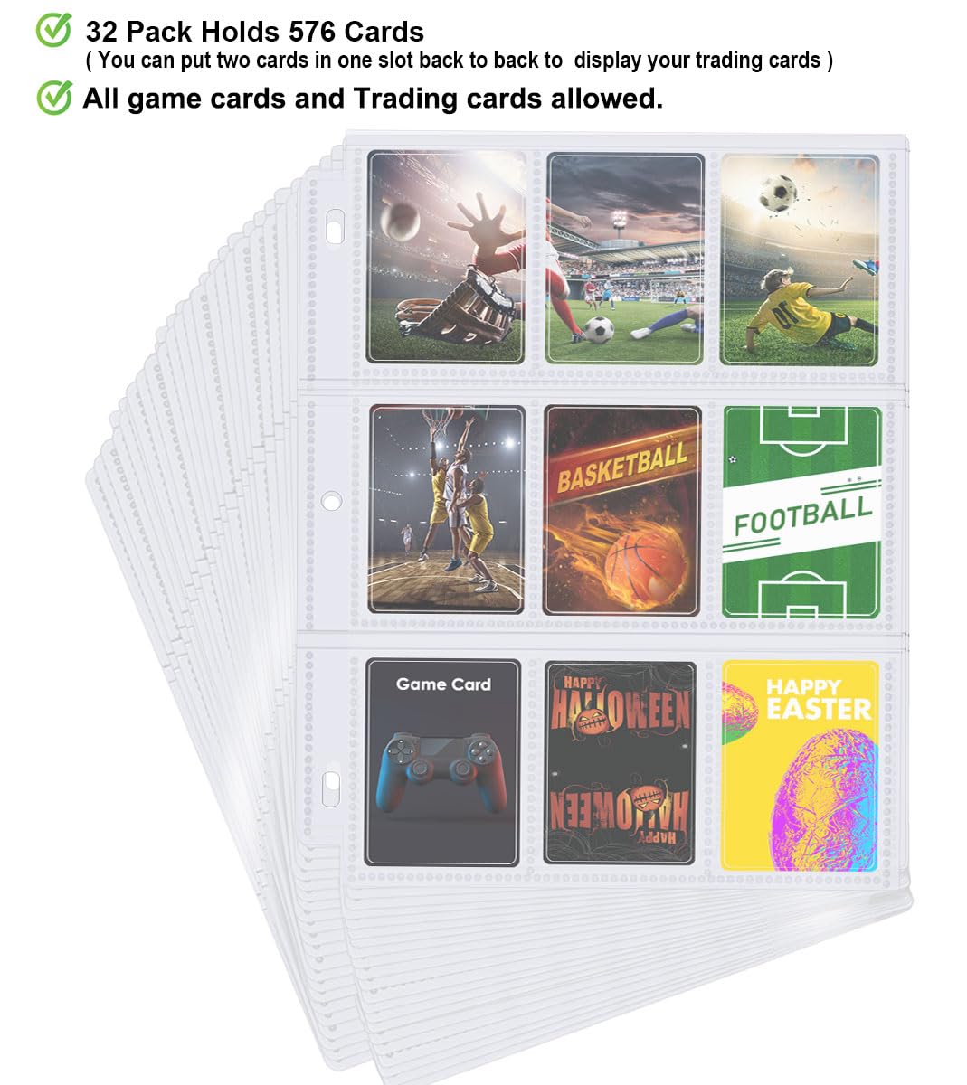 POKONBOY 288 Pockets Trading Card Sleeves, 9-Pocket Trading Card Binder Sheets Card Storage Album Pages Holders for Standard Size Cards, Sport Cards, Game Cards, Business Cards