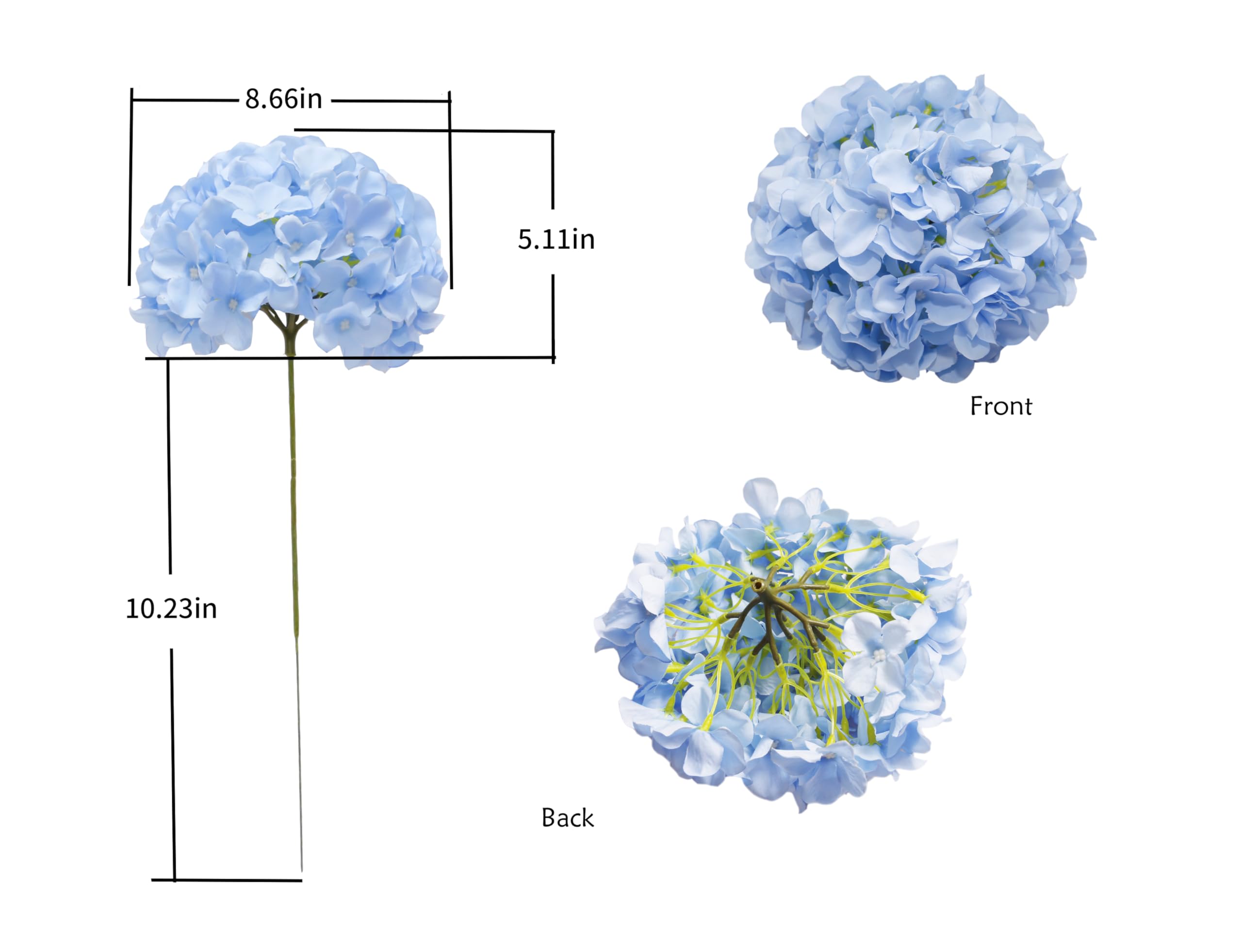 DuHouse Artificial Hydrangea Silk Flower Heads with Stem Fake Blue Hydrangea Bigger Flowers for Wedding Home Garden Centerpiece Pack of 6