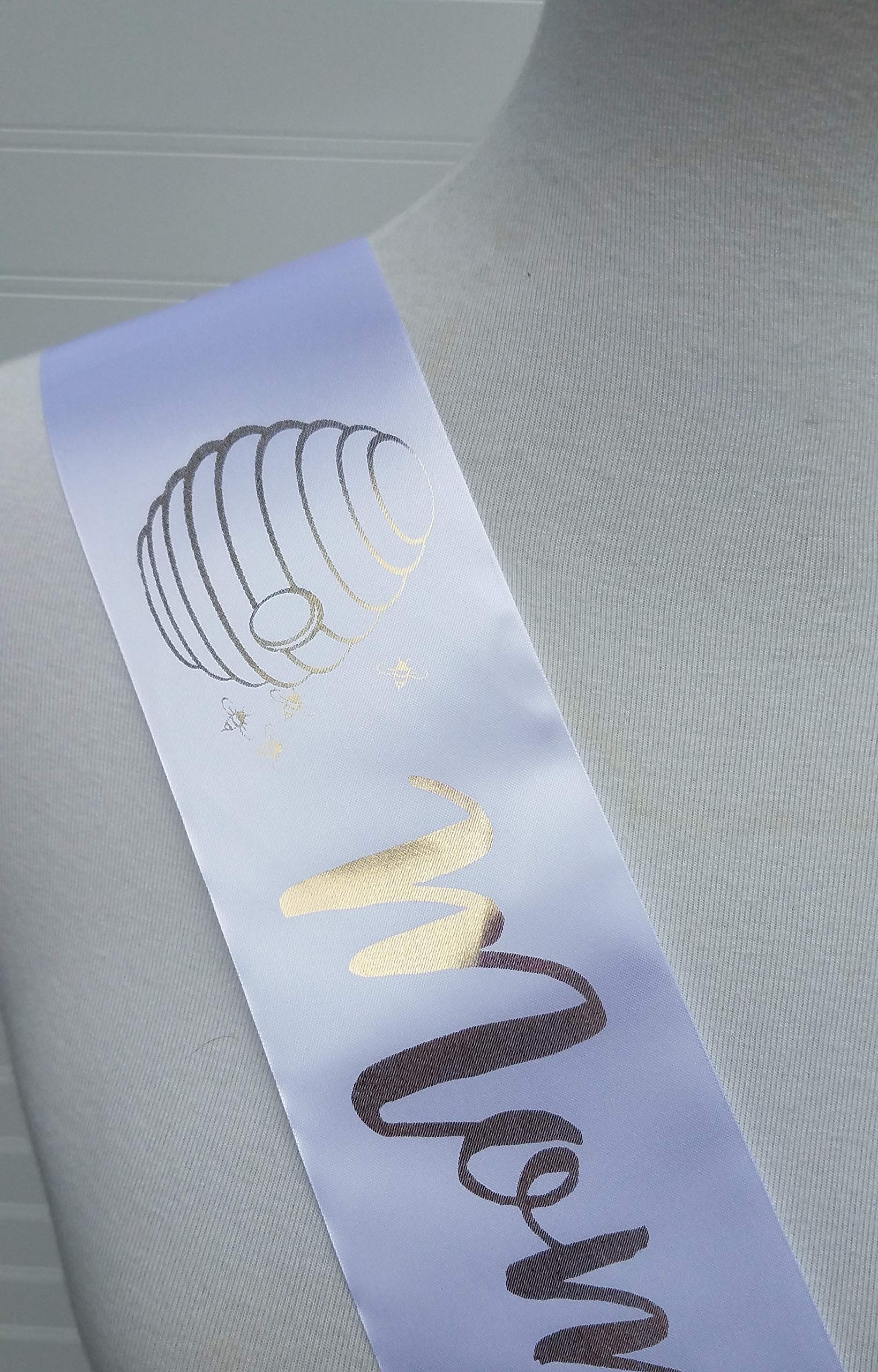 Amy's Bubbling Boutique, Inc. Honey Bee Baby Shower Sash Mommy to Be Honeycomb Bumble for White & Gold with Rhinestone Pin Gender Reveal