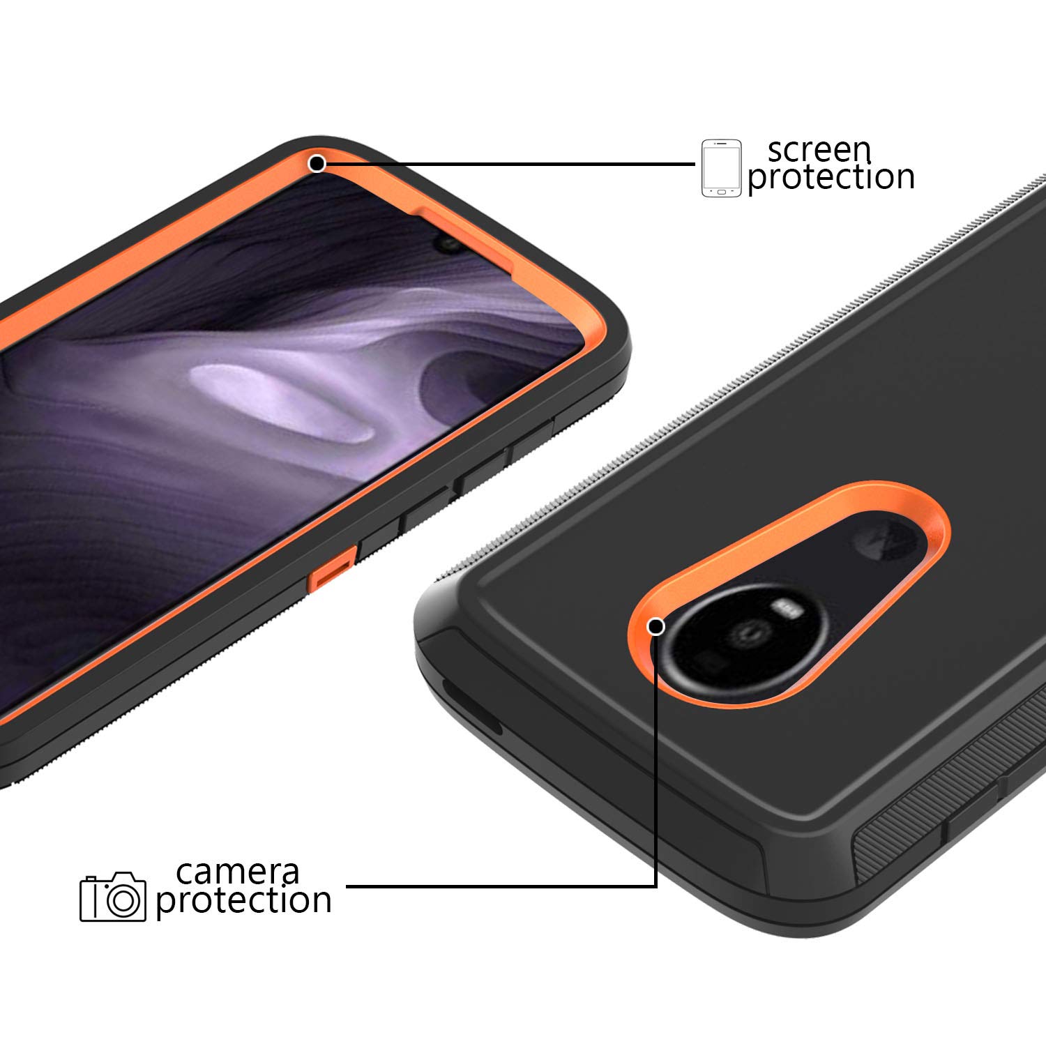 Annymall for Moto Z4 Case, Heavy Duty with [Built-in Screen Protector] Tough 4 in1 Rugged Shorckproof Cover for Motorola Moto Z4/ Z4 Play (Black/Orange)