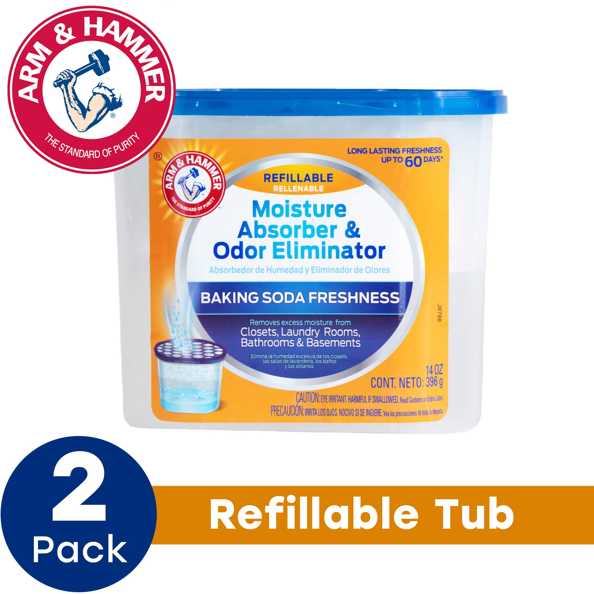 Arm & Hammer AH Refillable Tub 2 Amazon Moisture Absorber, 14 oz (2 Pack), White,Blue, 28 Oz