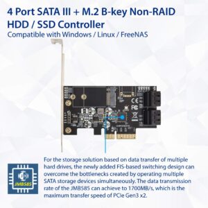 IO Crest SI-PEX40138 Internal 4 Port Non-Raid SATA III 6GB/S with M.2 B-Key 22x42 Pci-E X4 Controller Card for Desktop PC Support SSD and HDD with Low Profile Bracket. JMB585 Chipset