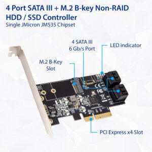 IO Crest SI-PEX40138 Internal 4 Port Non-Raid SATA III 6GB/S with M.2 B-Key 22x42 Pci-E X4 Controller Card for Desktop PC Support SSD and HDD with Low Profile Bracket. JMB585 Chipset