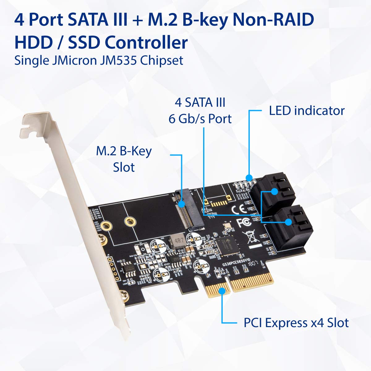 IO Crest SI-PEX40138 Internal 4 Port Non-Raid SATA III 6GB/S with M.2 B-Key 22x42 Pci-E X4 Controller Card for Desktop PC Support SSD and HDD with Low Profile Bracket. JMB585 Chipset