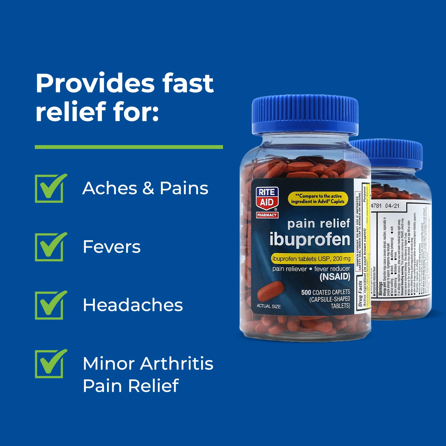 Rite Aid Pharmacy Ibuprofen 200 mg - 500 Coated Brown Caplets - Pain Reliever and Fever Reducer - Migraine Relief - Back Pain Relief - Arthritis Pain Relief Pills - Pain Killer