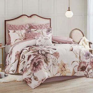 Madison Park Cassandra Cotton Blend Comforter Set - Feminine Design Colorful Floral Print, All Season Down Alternative Bedding Layer And Matching Shams, Queen, Blush 8 Piece