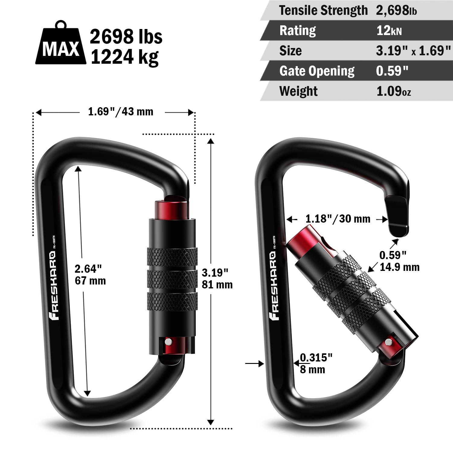 3inch Locking Carabiner Clips-Twist Auto Lock Caribeener, Heavy Duty Keychain Key carabeaner Hooks, 7075 Aerial Aluminum Ultra Light, for Hammock, Hiking, Yoga Swing, Camping, Backpack etc, Black