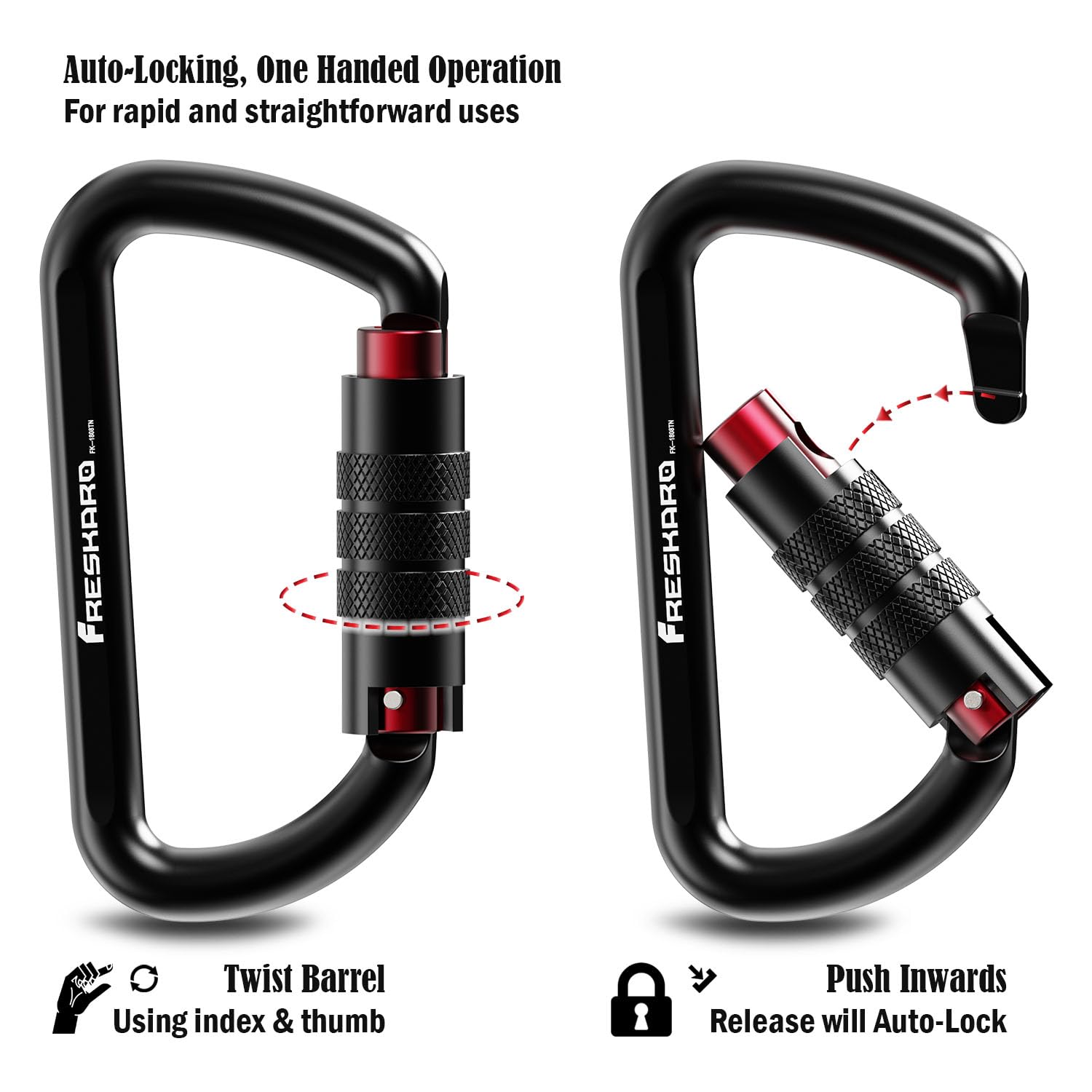 3inch Locking Carabiner Clips-Twist Auto Lock Caribeener, Heavy Duty Keychain Key carabeaner Hooks, 7075 Aerial Aluminum Ultra Light, for Hammock, Hiking, Yoga Swing, Camping, Backpack etc, Black