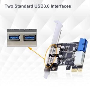 PCI-E to USB 3.0 PCI Express Card, 5 Gbps 2-Port PCIe to USB Expansion Card Adapter with Front 19PIN Power Connector Interface for Desktops