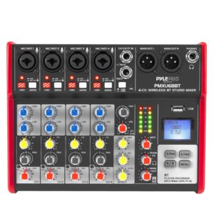 pyle studio audio sound mixer board - 6 channel bluetooth compatible professional portable digital dj mixing console w/ usb mixer audio interface - mixing boards for studio recording - pmxu68bt