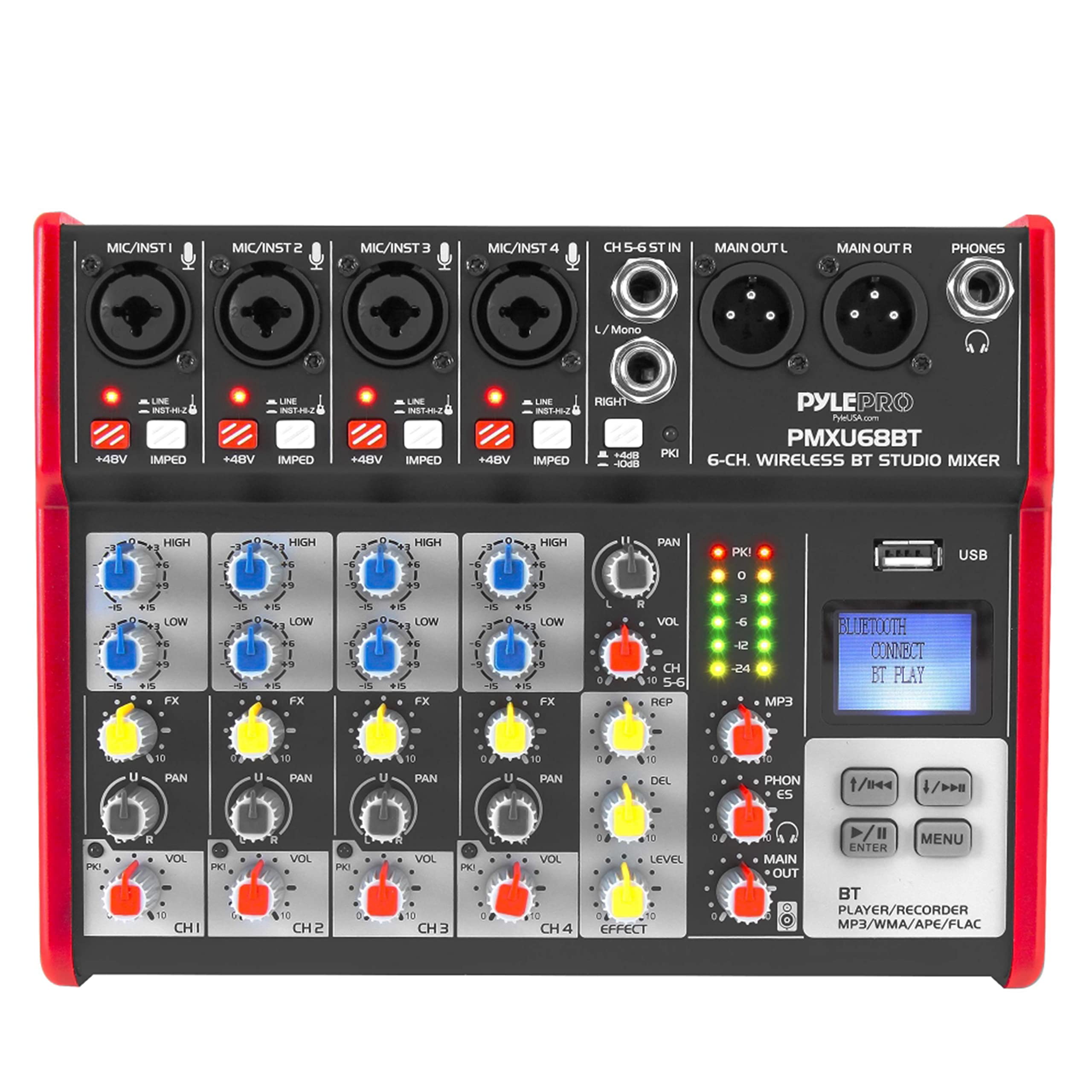 PYLE Studio Audio Sound Mixer Board - 6 Channel Bluetooth Compatible Professional Portable Digital DJ Mixing Console w/ USB Mixer Audio Interface - Mixing Boards For Studio Recording - PMXU68BT