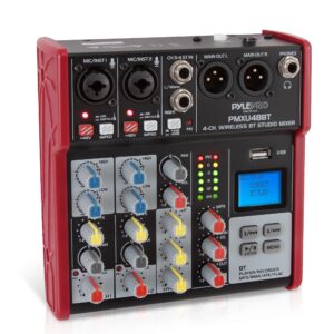 pyle studio audio sound mixer board - 4 channel bluetooth compatible professional portable digital dj mixing console with usb mixer audio interface - mixing boards for studio recording - pmxu48bt