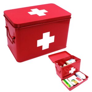 funly mee vintage first aid box for home, medicine tin, red metal medicine storage box (large 12.6× 8.3×7.7 inches)