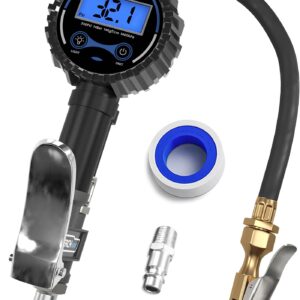 Digital Tire Inflator with Pressure Gauge and Longer Hose, Air Chuck with Gauge for Air Compressor - 200PSI