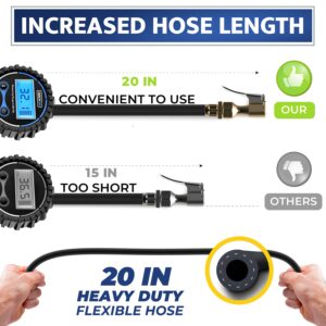 Digital Tire Inflator with Pressure Gauge and Longer Hose, Air Chuck with Gauge for Air Compressor - 200PSI