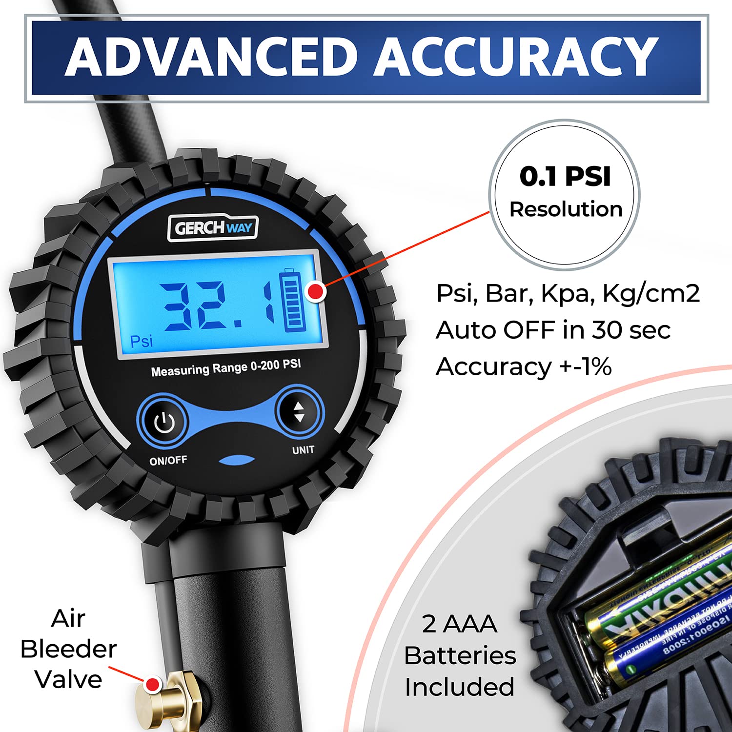 Digital Tire Inflator with Pressure Gauge and Longer Hose, Air Chuck with Gauge for Air Compressor - 200PSI