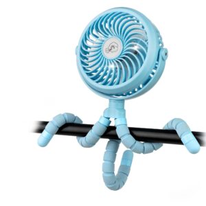 stroller fan, 2600mah battery powered personal desk air circulator fan with flexible tripod, ultra quiet 4 speed 360° rotatable usb fan for stroller office camping hurricane outage, blue
