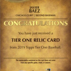 2019 Topps Tier One Relics #T1R-JB Javier Baez Game Worn Cubs Jersey Baseball Card - Only 375 made!