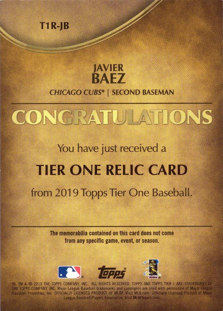 2019 Topps Tier One Relics #T1R-JB Javier Baez Game Worn Cubs Jersey Baseball Card - Only 375 made!