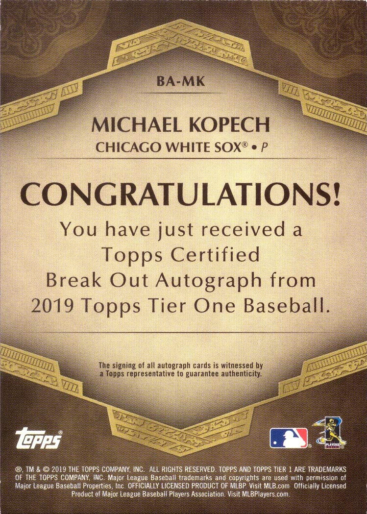 2019 Topps Tier One Baseball #BA-MK Michael Kopech Certified Autograph Rookie Card - Only 200 made!