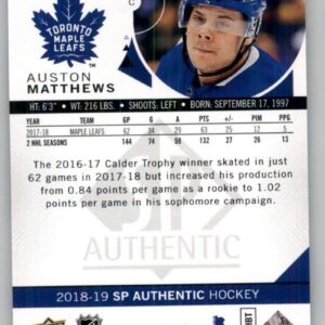 2018-19 SP Authentic Hockey #31 Auston Matthews Toronto Maple Leafs Official NHL Trading Card From Upper Deck (UD)